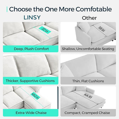 LINSY HOME Modular Cloud Couch, 113" L Shaped Sectional Sofa with Double Layer Cushions and Ottoman, Chenille 4 Seater Sofa Set for Living Room, Apartment, Beige