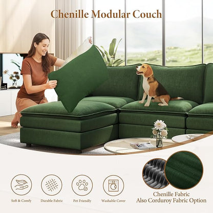 Vesgantti Large Modular Sectional Sofa, Big Comfy Cloud Couch with Ottoman Deep Seat Chenille Cloud Sofa, 9 Seater Large Sectional Couches for Living Room, Bedroom and Apartment, Green
