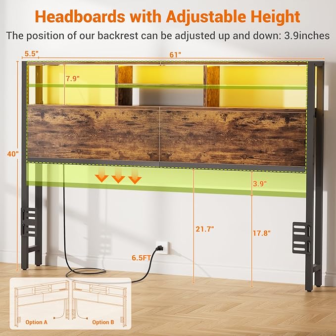 Aheaplus Headboard for Queen Size Bed with Storage, Headboards with Outlets, USB Ports and LED Light, Queen Head Board Only, Height Adjustable, Reversible, Sturdy and Stable Headboard, Rustic Brown