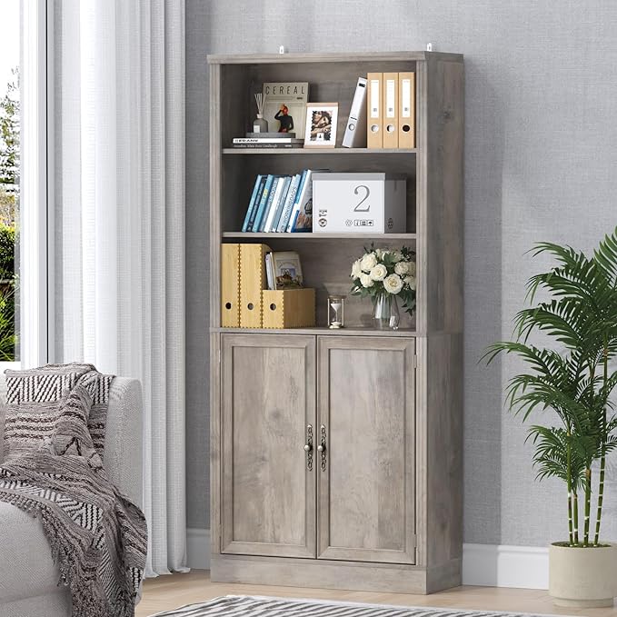 72'' Tall Bookcase with Doors, Adjustable Shelves, P2 MDF Construction, 32'' Wide Freestanding Cabinet with Metal Handles, Hidden Storage for Living Room, Bedroom, Grey