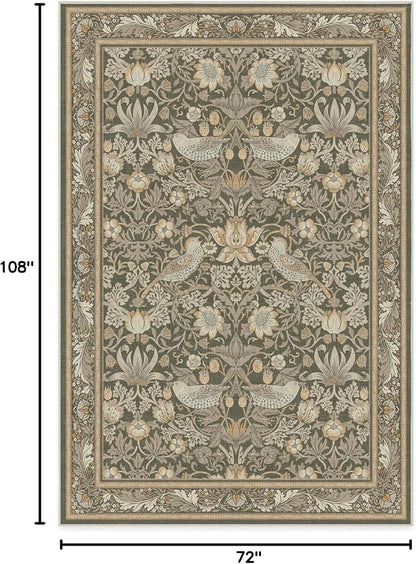 RUGGABLE x Morris & Co Washable Area Rug–Strawberry Thief Stone Gold 6x9, Stain-Resistant, Non-Slip–Medium Machine Washable Rugs for Living Room, Bedroom, Hallway, Entryway & Office–with Standard Pad