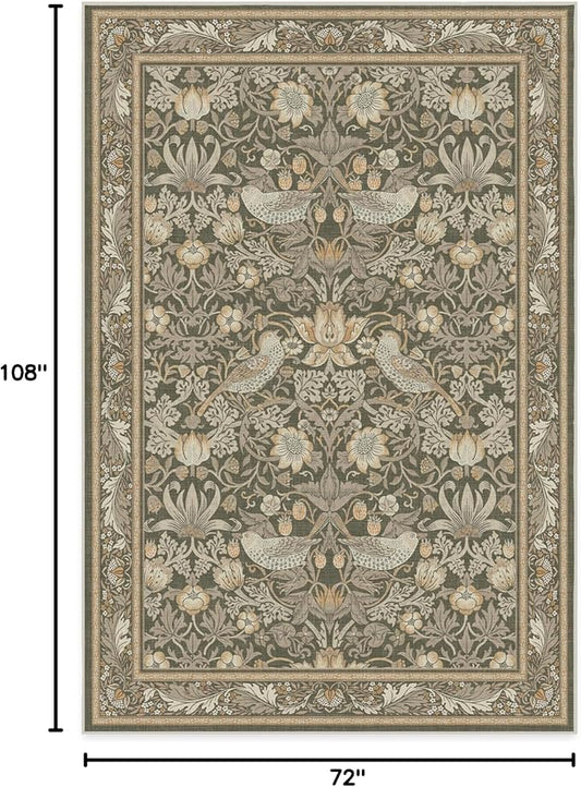 RUGGABLE x Morris & Co Washable Area Rug–Strawberry Thief Stone Gold 6x9, Stain-Resistant, Non-Slip–Medium Machine Washable Rugs for Living Room, Bedroom, Hallway, Entryway & Office–with Standard Pad