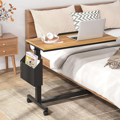 Tribesigns C-Shaped End Table, Small Adjustable Height Rolling Side Table with Wheels and Storage Bag, Portable Mobile Tiltable Laptop Desks for Couch, Living Room, Bedroom, Walnut