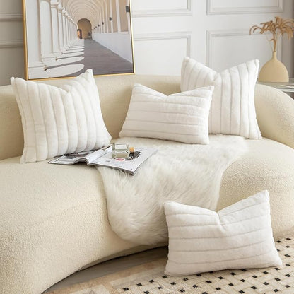 Pack of 2 Faux Fur Throw Pillow Covers 12x20 Inch Striped Decorative Soft Plush Couch Pillow Case Home Decor for Bed, Sofa, Living Room Cream White
