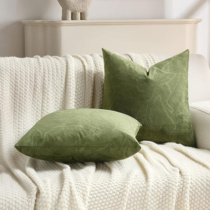 FUTEI Moss Green Velvet Throw Pillow Covers 24x24 Inch Set of 2,Soft Embossed Leaf-Relief Textured European Cushion Cases,Natural Home Decor for Couch Living Room