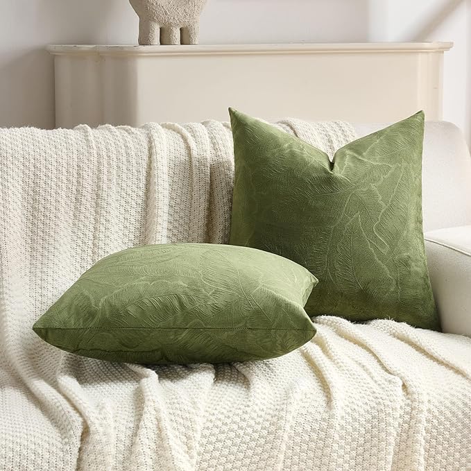 FUTEI Moss Green Velvet Throw Pillow Covers 12x20 Inch Set of 2,Soft Embossed Leaf-Relief Textured Lumbar Pillow Cases,Natural Home Decor for Couch Living Room