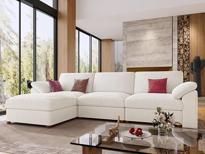 EASE MOOSE White Modular Sectional Sofa, FSC Certified Extra Large L Shape Sectional Couch, Comfty Wide Deep Modular Cloud Sofa with Ottoman, Removable and Washable