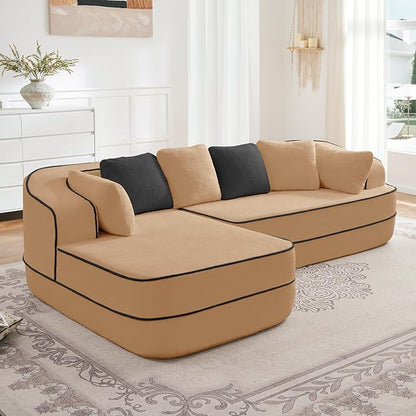 Cloud Sectional Sofa Modern Boneless Couch for Living Room, Comfy Deep Seat Comfy Teddy Fabric Double Sofa Chaise No Assembly Required (Camel, 106" L Shape with Left Facing)