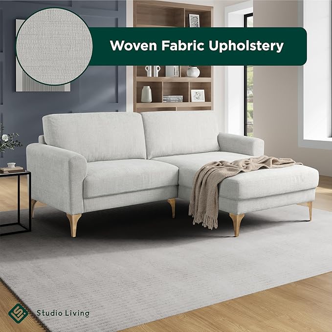 Studio Living® Matthew 83.5" Sofa Chaise, Mid-Century Modern, Pocket Coil Comfort, Reversable Chaise, Metal Brushed Bronze Legs, Chenille Fabric, Ivory