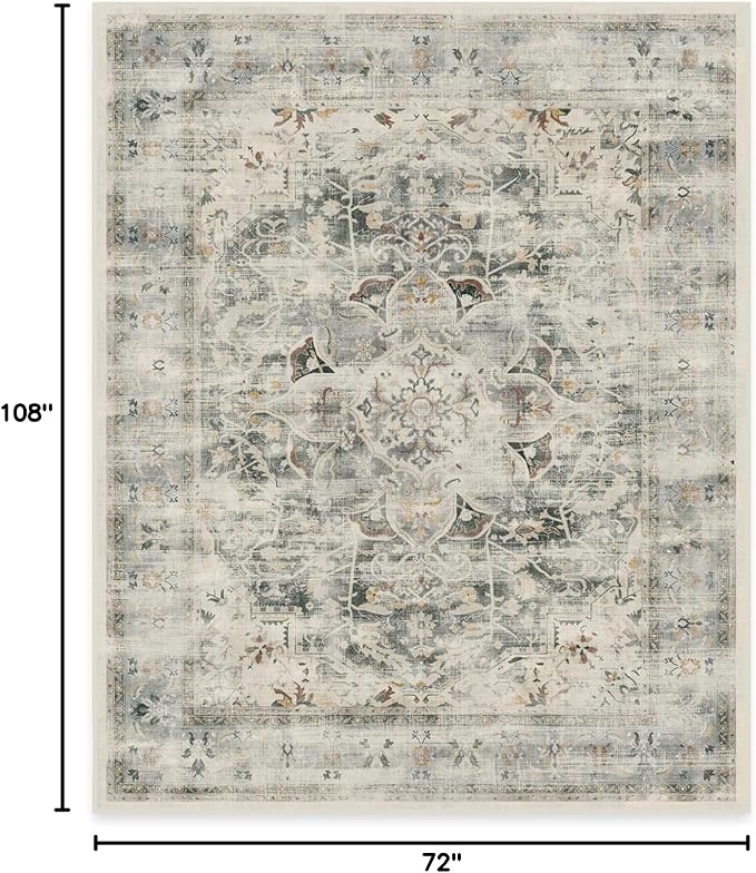 RUGGABLE Washable Vintage Area Rug – Sarrah Sage 6x9, Stain-Resistant, Non-Slip – Medium Machine Washable Rugs for Living Room, Bedroom, Hallway, Entryway & Office–with Cushioned Pad
