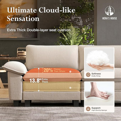 HERA'S HOUSE 88" Modular Sectional Sofa, Loveseat Couches for Living Room, Comfy Cloud Couch 2-Seater Deep Seat Sofa with Throw Pillow, Corduroy Beige
