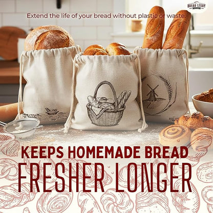 Linen Bread Bag – Reusable Linen Bags for Homemade Bread & Sourdough | Cloth Bags for Sourdough, Artisan Loaves, & Pastries | Unbleached Natural Fabric with Drawstring Closure, 3-Pack, 11 x 15"