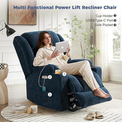 HUSFU Oversized Power Lift Recliner Chairs for Elderly with Massage and Heat, Wide Recliners Chair,Upgraded Chenille Lift Chairs w/Cup Holders, USB & Type-C Ports,Blue,1PC