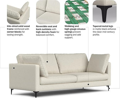SIMPLIHOME Ava Sofa in 100% Recycled Polyester Tightly Woven Performance Fabric, Cream, 90-inches Wide, Handcrafted Mid-Century Modern Style Sofa for Living Room or Couch for Family Room