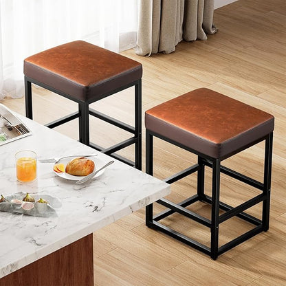 Counter Height Bar Stools Set of 3, 24" Barstools for Kitchen Countertop, Faux Leather Counter Stools with Thick Square Seats & Sturdy Metal Base, Simple Assembly, Brown
