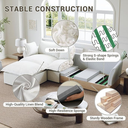 48” Oversized Chaise Lounge Chair, Modular Sectional Sofa, Down Fill Cloud Couch with Washable Cover, Single Seater with Ottoman, Sectional Couches for Living Room Apartments, Cream White