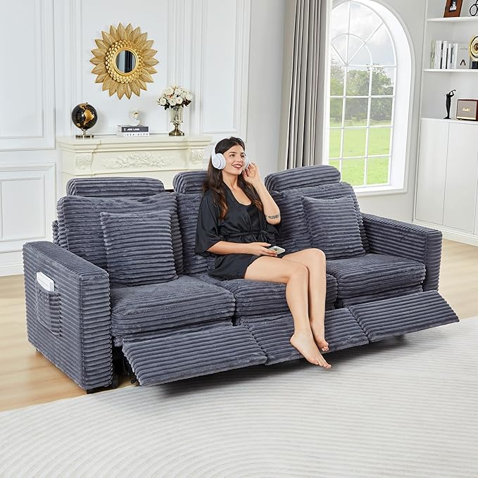 Power Reclining Sectional Sofa, Electric 3 Seat Recliner with 3 Electric Footrest and Adjustable Headrest, Modern Plush Corduroy Fluffy Reclining Sectional with Deep Seat for Living Room-Blue Grey