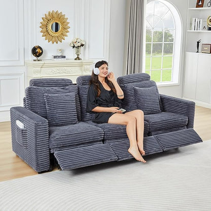 Power Reclining Sectional Sofa, Electric 3 Seat Recliner with 3 Electric Footrest and Adjustable Headrest, Modern Plush Corduroy Fluffy Reclining Sectional with Deep Seat for Living Room-Blue Grey
