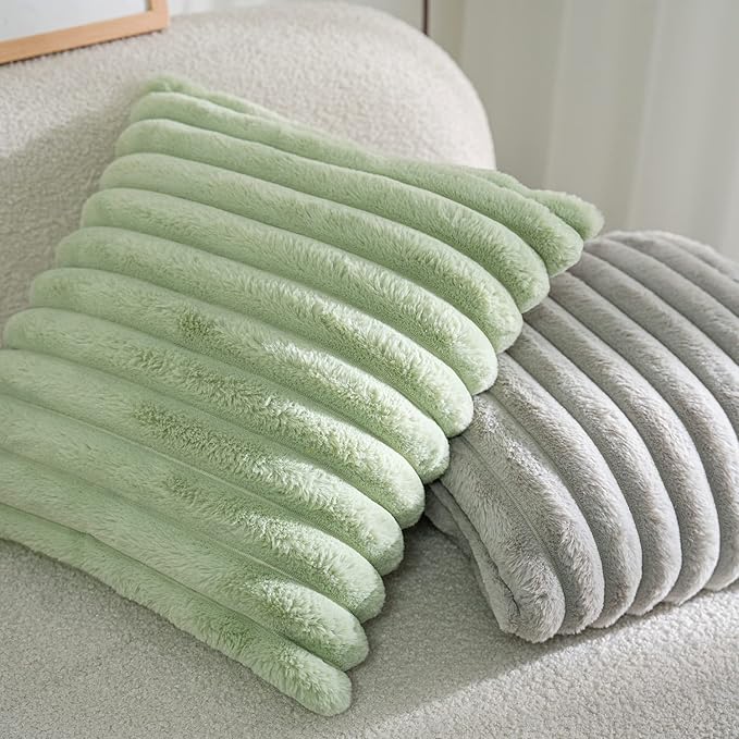 DEELAND Pack of 2,Double-Sided Faux Fur Plush Decorative Throw Pillow Covers Fuzzy Striped Soft Pillowcase Cushion Covers for Sofa Couch Bedroom Lightgrey 24x24 inch