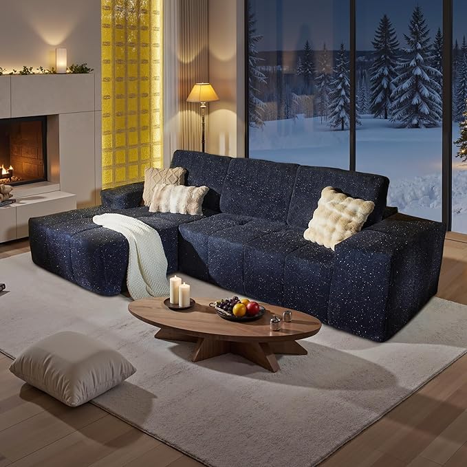114" Glitter Cloud Sectional Couch with L-Shape Chaise, Modern Boneless Couches for Living Room, Fluffy Tufted Deep Seat Modular Sofa in a Box No Assembly
