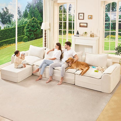 Hobestluk Cloud Modular Sectional Couch 4-Seater Sofa with Ottoman L Shaped Couch Deep Seat Sofa with Removable Cover Large Sofa for Living Room (Beige, 4-Seater Sofa with One Ottoman)