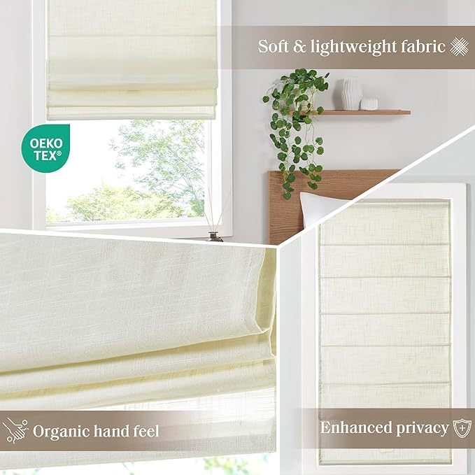 Madison Park Kyler Cordless Roman Shades - Single Panel, Lightweight Linen Blend Fabric, Natural Design, Easy Installation, Light Filtering Window Blind, Bedroom, Living Room Decor 35"W x 64"H Ivory