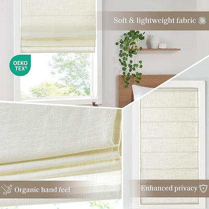 Madison Park Kyler Cordless Roman Shades - Single Panel, Lightweight Linen Blend Fabric, Natural Design, Easy Installation, Light Filtering Window Blind, Bedroom, Living Room Decor 27"W x 64"L Ivory