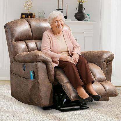 Large Power Lift Recliner Set of 2 with Massage and Heat for Elderly, Faux Leather Electric Lifting Recliners with USB Port, Oversized Reclining Sofa Chair for Living Room, Brown