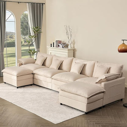 142.5" U Shaped Couch, Modular Sectional Sofa, 3-Seater Comfy Cloud Couch with Movable Ottoman, Deep Seat Couches for Living Room, Linen, Beige