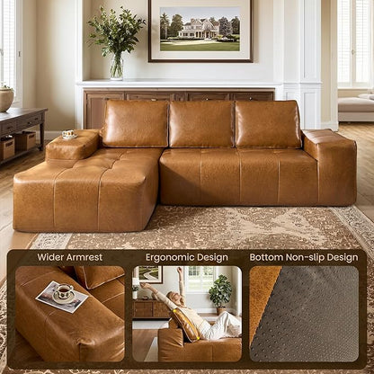 114" Boneless Couches for Living Room, Brown Faux Leather Cloud Sectional Couches with Chaise, Deep Seat L Shaped Modular Sofa, No Assembly Required Sofas in a Box (Left,Faux Leather,Brown)