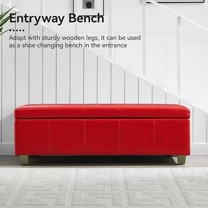 51" Faux Leather Storage Ottoman, Stitch Tufted Rectangle Upholstered End of Bed Storage Bench, Entryway Large Couch Ottoman with Wooden Legs,Red