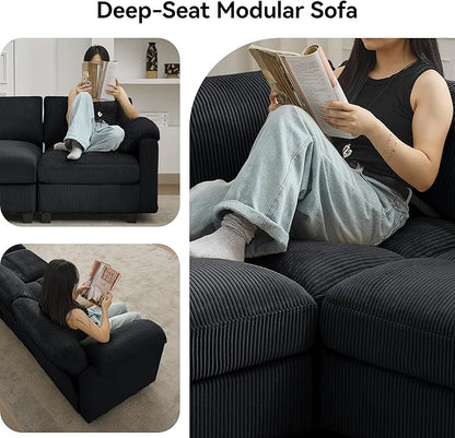 87'' V-Shaped Sectional Sofa Couch, 5-Seater Modular Couches for Living Room, Corduroy Deep Seat Cloud Sofa with Center Stitched, Black