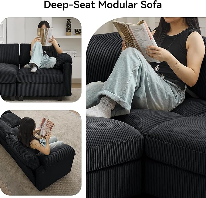 114'' V-Shaped Sectional Cloud Couch with Ottoman, 7-Seater Modular Couches for Living Room, Corduroy Oversized Deep Seat Sofa with Center Stitched, Black