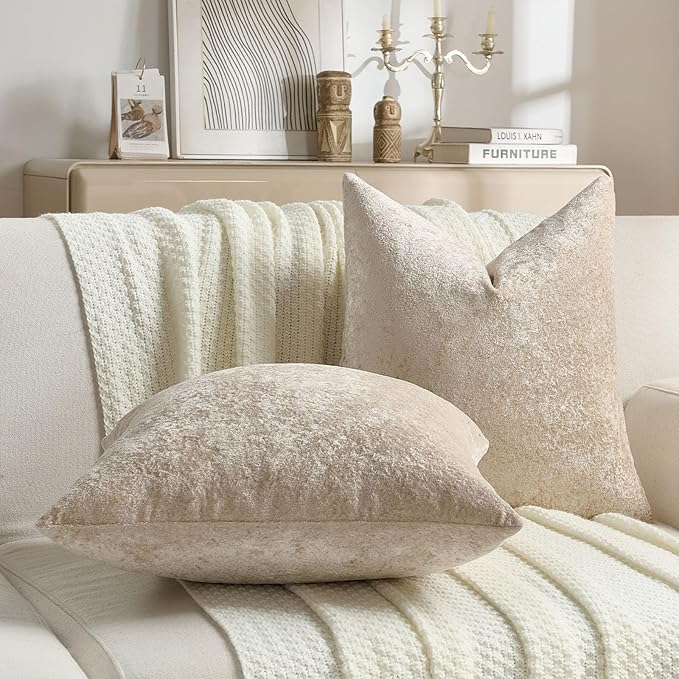 FUTEI Beige Flannel Throw Pillow Covers 26x26 Inch Set of 2,Soft Dimensional Textured Euro Pillow Shams,Modern Home Decor for Couch Living Room