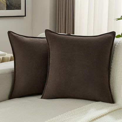 FUTEI Dark Coffee Chenille Throw Pillow Covers 26x26 Inch Set of 2,Edges Double-Stitched Euro Pillow Shams,Modern Home Decor for Couch Living Room