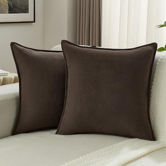 FUTEI Dark Coffee Chenille Throw Pillow Covers 18x18 Inch Set of 2,Edges Double-Stitched Cushion Cases,Modern Home Decor for Couch Living Room