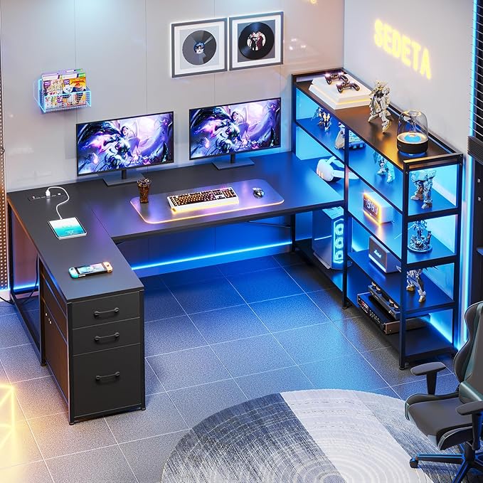 SEDETA L Shaped Gaming Desk, Reversible U Shaped Computer Desk with Power Outlet and Storage Shelves, Corner Gaming Desk with LED Lights, 3 Fabric Drawers, Black