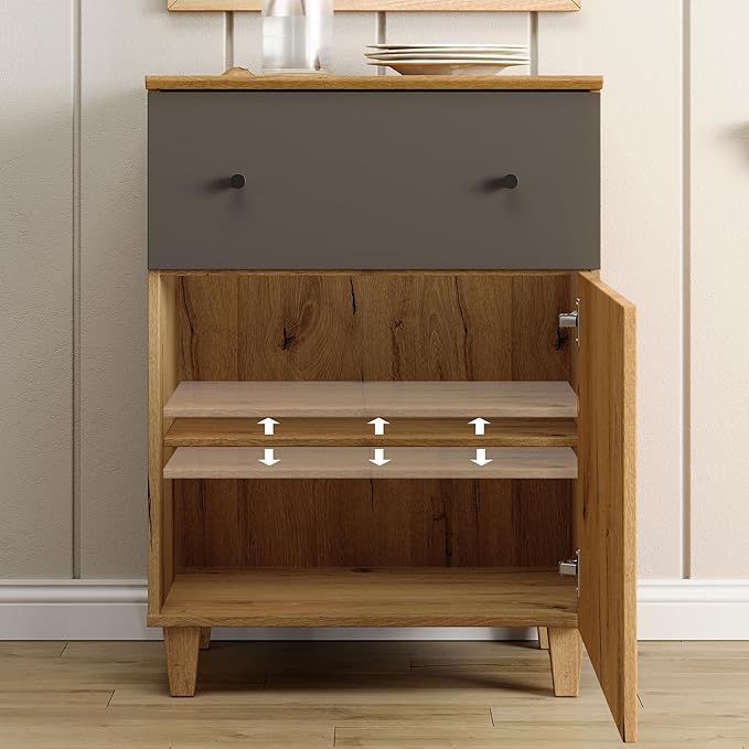 WAMPAT Set of 3 Storage Cabinets for Living Room, Modern Wood Accent Cabinets Sideboard with Drawers, Doors, and Adjustable Shelves for Dining Room, Kitchen, Entryway, Oak Brown & Dark Grey