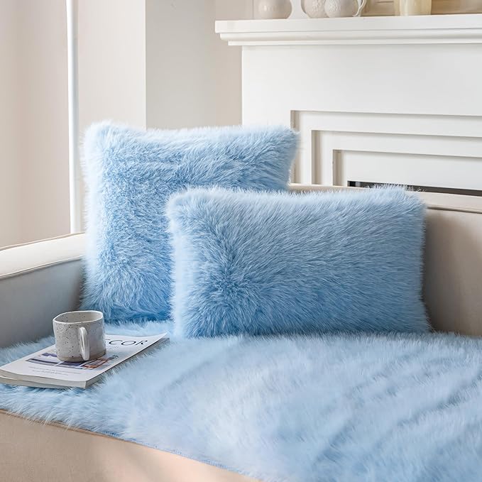 Neelvin Blue Faux Fur Cozy Fluffy Double-Sided Decorative Throw Pillow Covers 16x16 inch Set of 2,Velvet Pillowcase Cushion Case for Sofa Couch