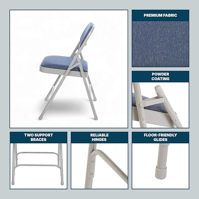 OEF Furnishings OEF2200 Series Heavy-Duty Premium Fabric Padded Upholstery Double-Hinged Folding Chairs (4-Pack, Imperial Blue/Gray)