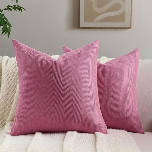 FUTEI Hot Pink Chenille Throw Pillow Covers 18x18 Inch Set of 2,Soft Wide Chevron Textured Cushion Case,Farmhouse Home Decor for Couch Bed Living Room