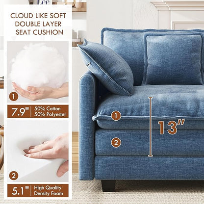 WorthFurni 77 Inch L Shape Cloud Sofa, Modular Sectional Couch with Ottoman, Comfy Chenille Deep Seat Loveseat with Pillow for Living Room Bedroom Apartment (Blue)