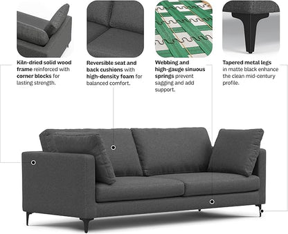SIMPLIHOME Ava Sofa in 100% Recycled Polyester Tightly Woven Performance Fabric, Pebble Grey, 90-inches Wide, Handcrafted Mid-Century Modern Style Sofa for Living Room or Couch for Family Room
