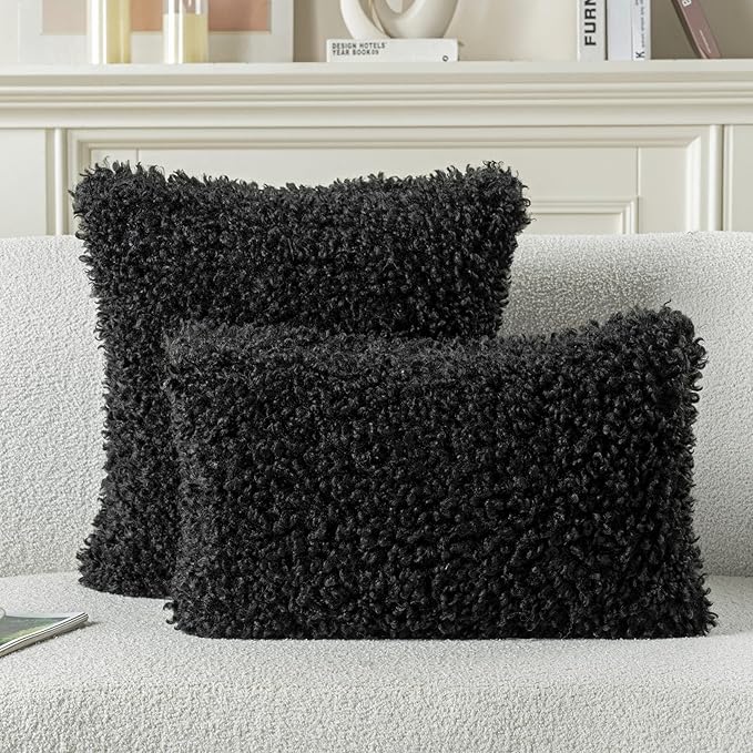FUTEI Black Decorative Throw Pillow Covers 12x20 Inch Set of 2,Soft Fluffy Faux Wool Fur Boucle Textured Lumbar Pillow Case,Modern Home Decor for Couch Bed Living Room Office
