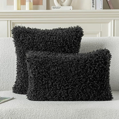 FUTEI Black Decorative Throw Pillow Covers 12x20 Inch Set of 2,Soft Fluffy Faux Wool Fur Boucle Textured Lumbar Pillow Case,Modern Home Decor for Couch Bed Living Room Office