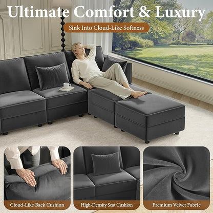 Vesgantti Sectional Couches with Storage Seats, 118" L Shaped Convertible Modular Sectional Sofa, 4 Seat & 2 Ottomans Velvet Storage Chaises Deep Seat Couch for Living Room, Bedroom, Apartment, Gray