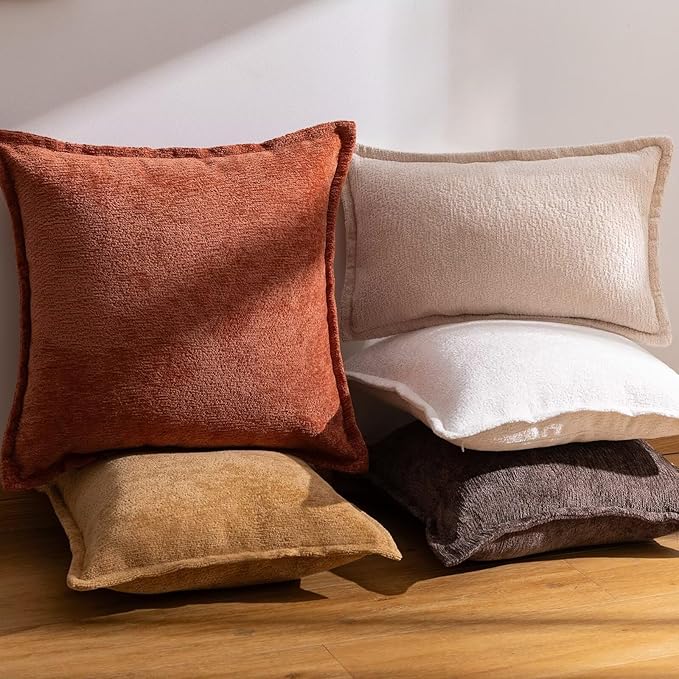 Beige Decorative Throw Pillow Covers 16x16 Inch Set of 2 Cozy Soild Chenille Cushion Cases Soft Textured Square Couch Pillows Cover Boho Accent Farmhouse Pillowcases for Sofa Bed