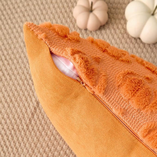Kevin Textile Fall Pumpkins Pillow Covers 18x18 Inch Set of 2 Cute Autumn Decorative Square Pillowcases Soft Faux Fur Cushions Harvest Gift for Couch Sofa Chair Bedroom Home Decor, Orange
