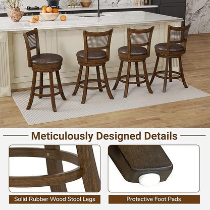 COSTWAY 25” Swivel Counter Height Barstools Set of 4, Rubber Wood Bar Stools with Rattan Backrest, Footrest, Upholstered Leathaire Armless Chairs for Kitchen Island, Pub, Brown (4, 25” Seat Height)