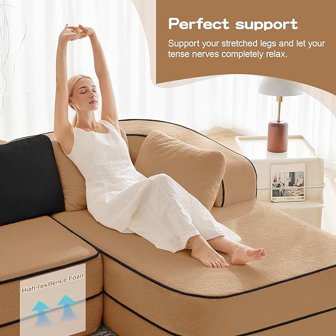 Cloud Sectional Sofa Modern Boneless Couch for Living Room, Comfy Deep Seat Comfy Teddy Fabric Double Sofa Chaise No Assembly Required (Camel, 77.2" Double Chaise Lounge)
